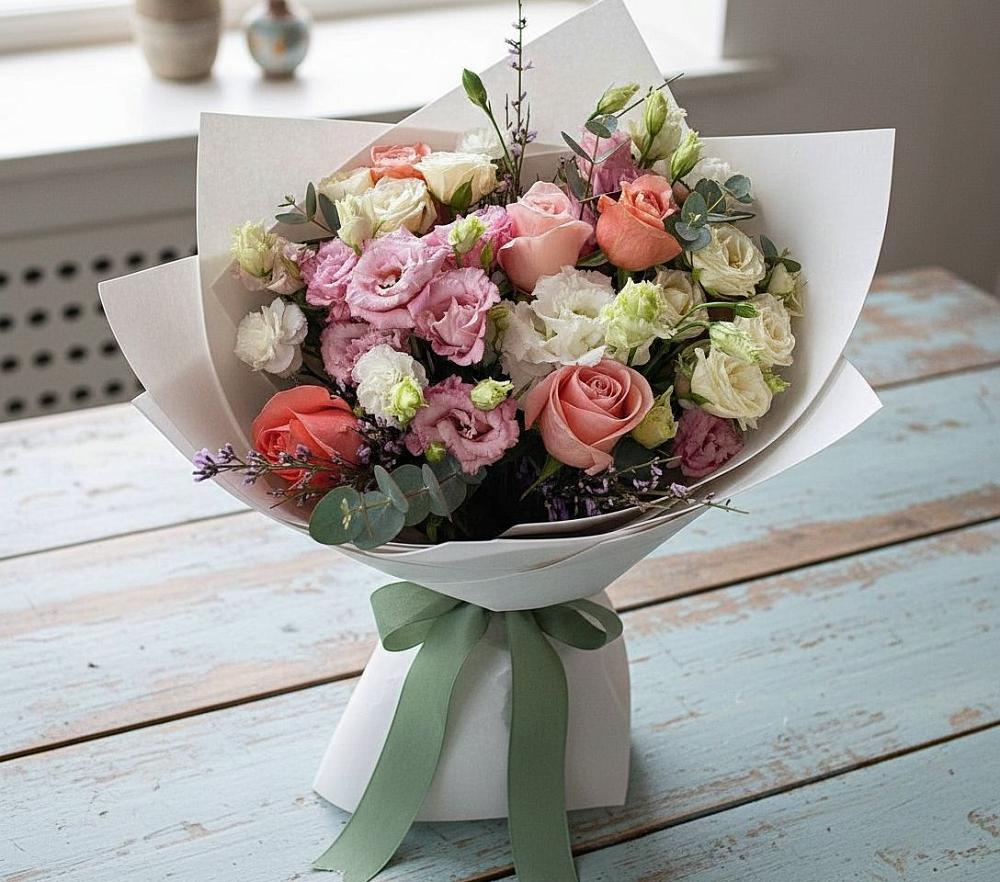 Букет цветов из: Розы, Лизиантусы и Гвоздики в Курумкане