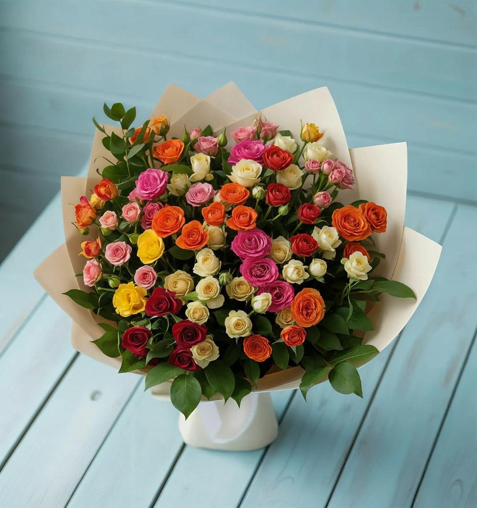 Букет Микс из разноцветных кустовых роз в Курумкане