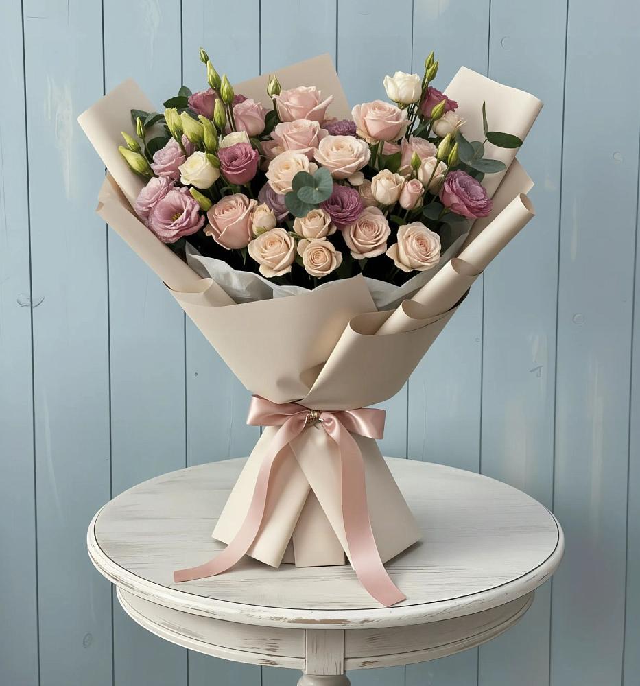 Букет цветов из: Розы и Лизиантусы в Курумкане